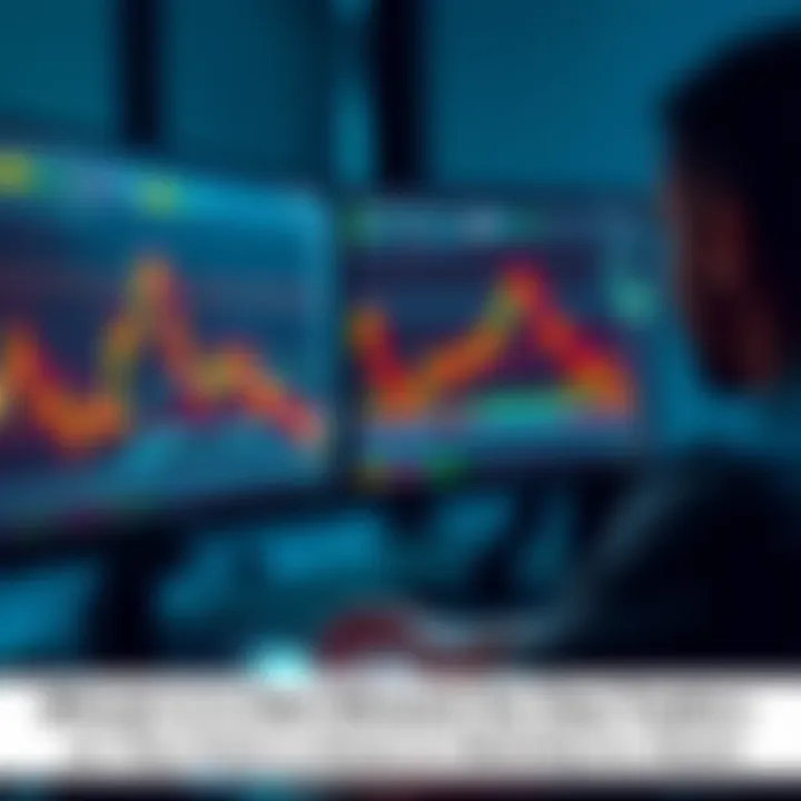 A person analyzing Bitcoin charts on a computer screen with fluctuating graphs and candlestick patterns.