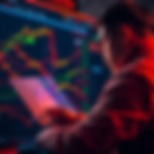 A person examines Bitcoin charts and graphs showing price fluctuations, contemplating a long position on BTC with a $10K liquidation.