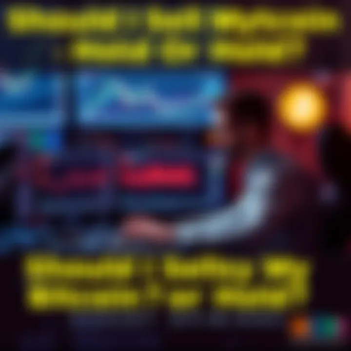 A person sitting at a desk looking at Bitcoin charts on a laptop, contemplating whether to sell or hold their investment.