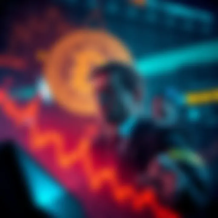 A graph showing declining Bitcoin prices with traders looking worried; a rising institutional investor figure in the background