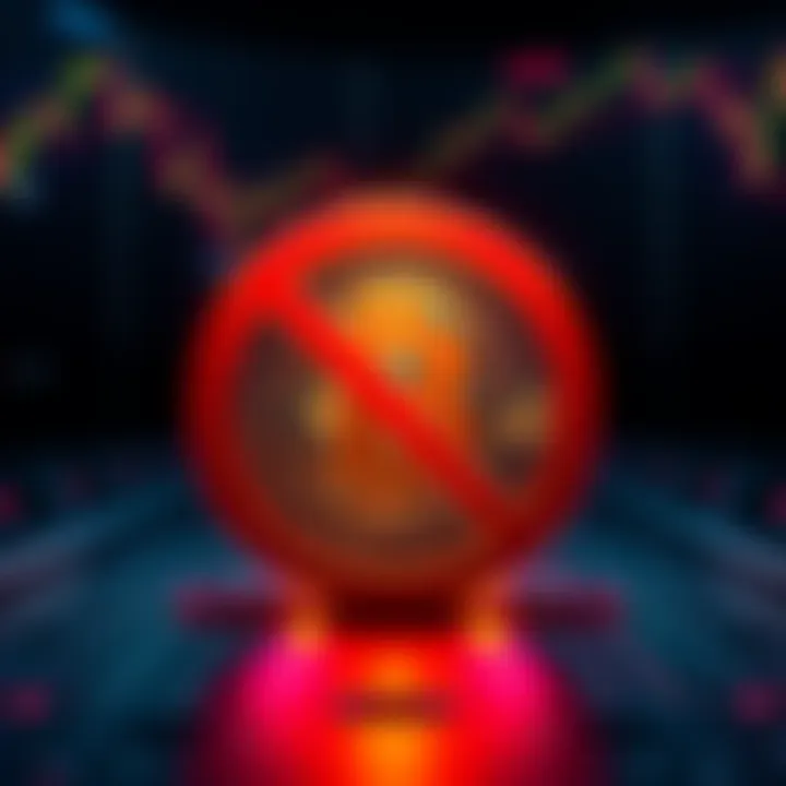 A digital graphic showing a Bitcoin symbol with a red prohibition sign over it, indicating restrictions on selling Bitcoin.