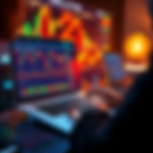 A person analyzing Bitcoin market trends on a laptop, with charts and graphs displayed on the screen