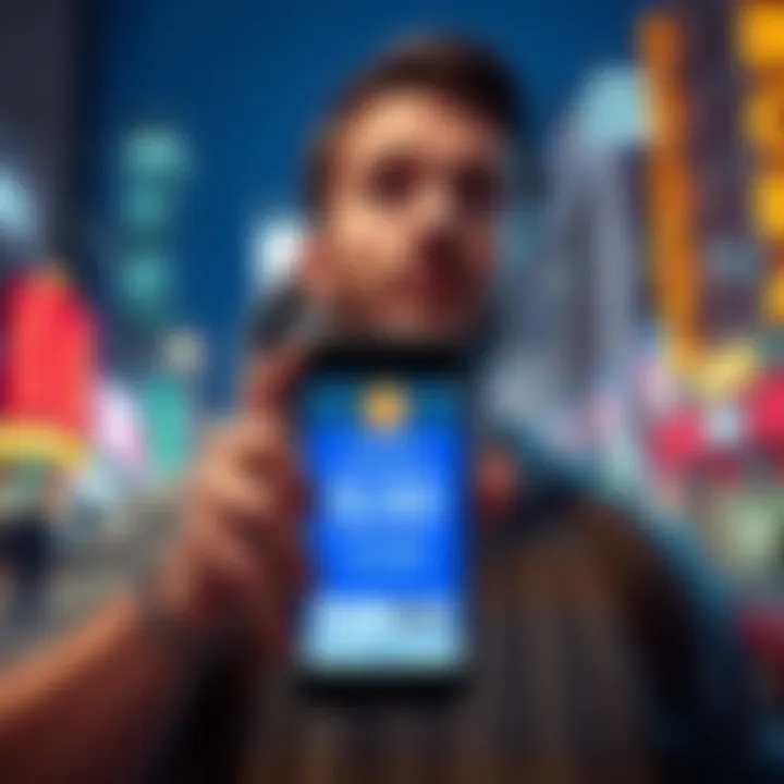 A Coinbase user holds a phone showing a $30 transaction fee for a $5,000 Bitcoin trade, looking surprised.