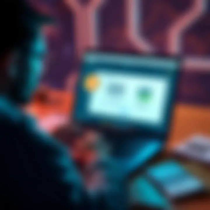 A person examining a Bitcoin transaction screen on a laptop with notes about KYC requirements nearby.