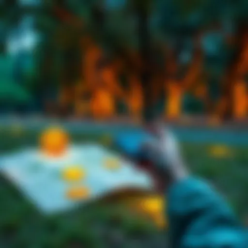 A person holding a smartphone while searching for hidden Bitcoin 'sats' in a park, with a treasure map and Bitcoin symbols nearby.