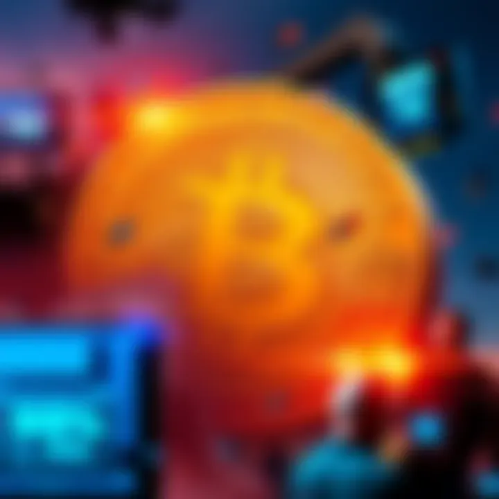 Bitcoin symbol with graphic showing 99.99% uptime surrounded by government shutdown imagery