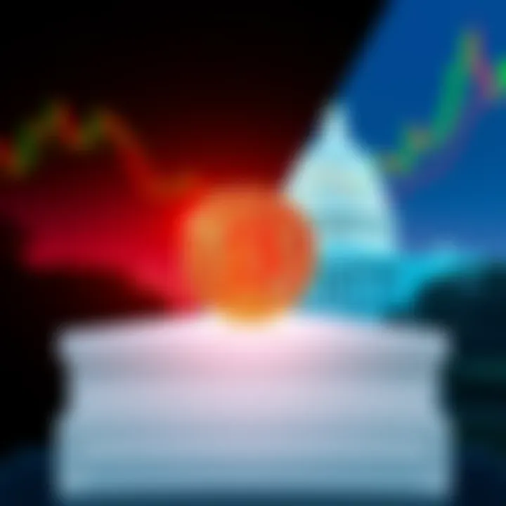 Concept image showing Bitcoin symbol with a backdrop of the US Capitol building and financial charts, representing the impact of the government shutdown on cryptocurrency.