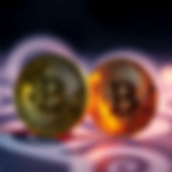 A visual representation showing Bitcoin symbol and US dollar symbol side by side, highlighting the differences in popularity and perception between the two currencies