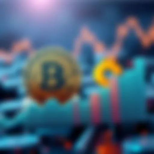 Illustration showing Bitcoin symbol alongside the US dollar symbol, with a graph depicting Bitcoin's price fluctuation over time.
