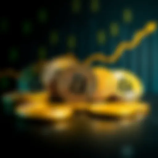 A depiction of Bitcoin coins arranged in a way that illustrates their potential high value, with dollar signs and a rising graph in the background, symbolizing investment growth.