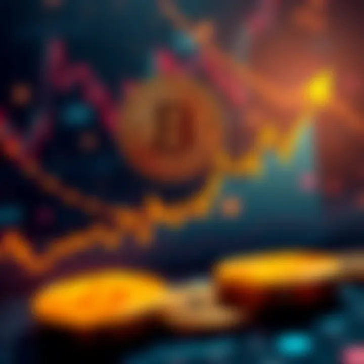 A graph showing the rising value of Bitcoin over time, with a background of digital currency symbols.