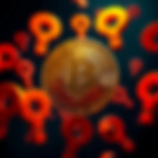 A Bitcoin symbol surrounded by question marks, highlighting the uncertainty of its value