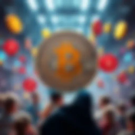 A visual representation of Bitcoin dominating a crypto forum discussion, with frustrated people wanting to talk about altcoins.