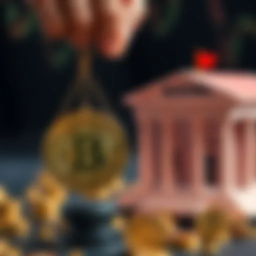 A person weighing a Bitcoin coin and a bank building symbolizing investments options