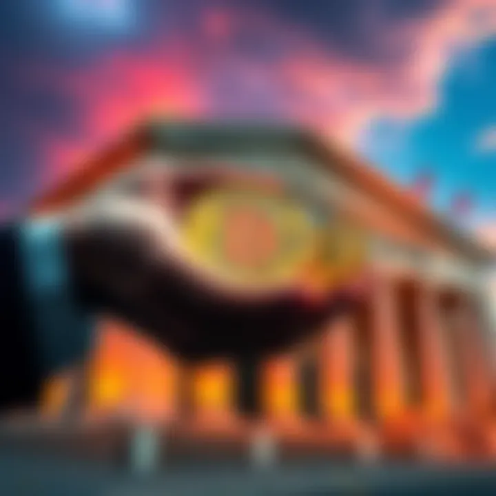 A person holding Bitcoin coins with a bank building in the background, symbolizing the contrast between cryptocurrency and traditional banking failures.