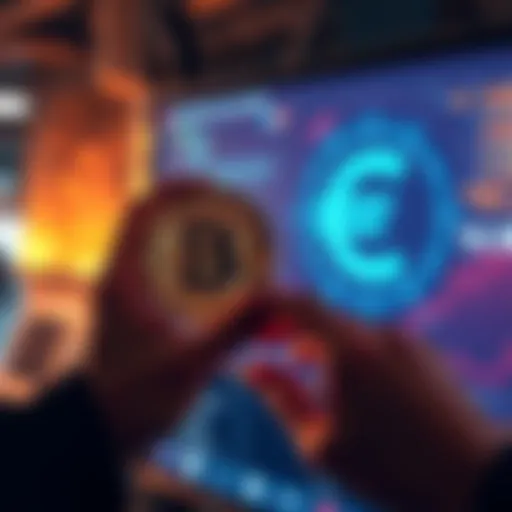 A person holding a Bitcoin coin while looking at a digital euro sign on a screen, symbolizing the choice between Bitcoin and the digital euro.