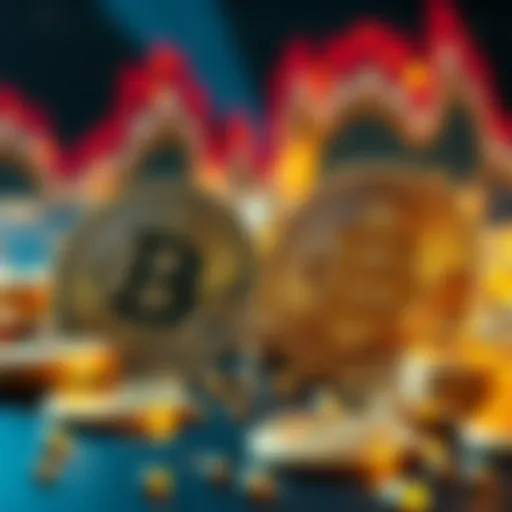 A graphic showing Bitcoin and gold coins facing each other, symbolizing the debate over their investment potential.