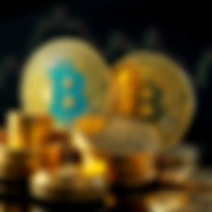 A visual comparison of a Bitcoin symbol and gold coins representing investment options