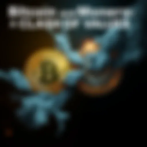A visual representation contrasting Bitcoin and Monero, featuring the Bitcoin logo with a dark, chaotic background and the Monero logo surrounded by light, symbolizing clarity and privacy.