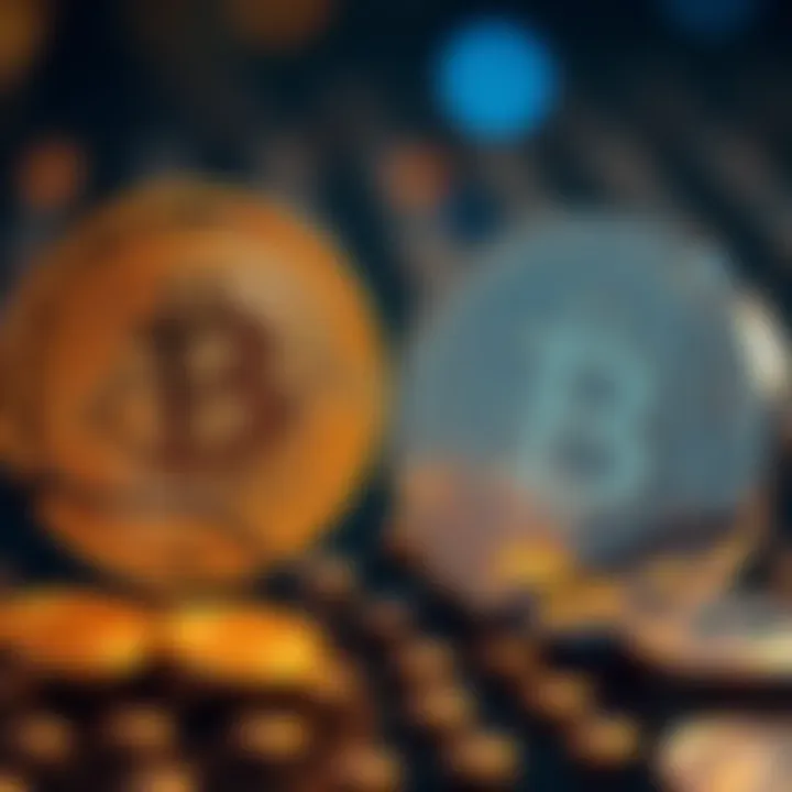 Bitcoin symbol facing off against a new digital currency symbol, representing competition in the cryptocurrency market