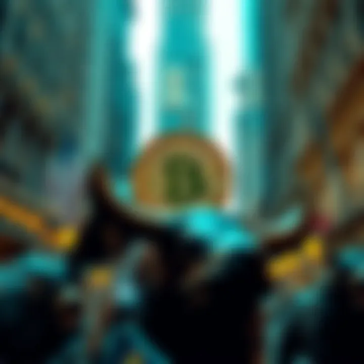 A visual representation of Bitcoin surrounded by Wall Street symbols like the bull and bear, reflecting its rising importance in finance.