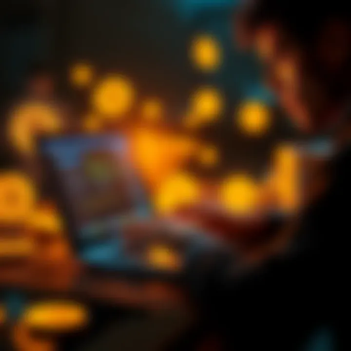 A person using a laptop to create a Bitcoin wallet, with Bitcoin symbols around them.