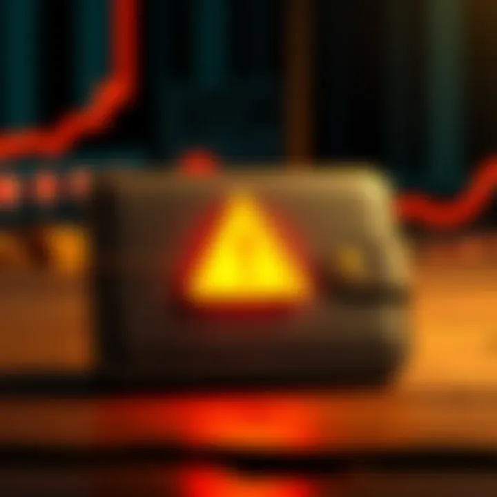 An illustration of a Bitcoin wallet with a warning sign, symbolizing security concerns over early Bitcoin wallets.
