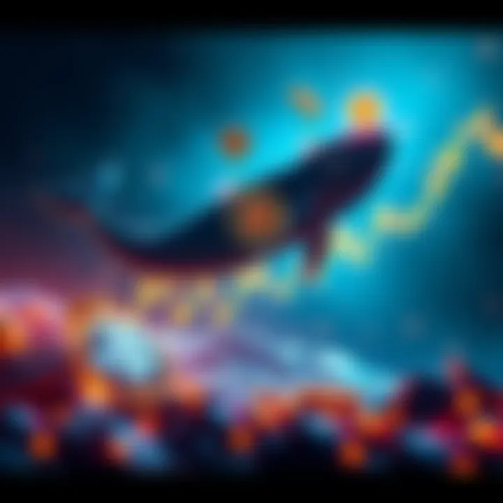 A graphic showing a rising Bitcoin price chart with whale icons indicating increased activity and investments.
