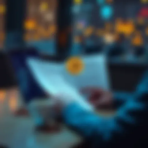 A person reading the Bitcoin whitepaper with a laptop and coffee cup on the table.