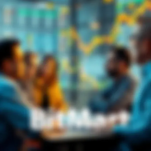 A group of people sharing experiences about their successes and lessons on BitMart, with charts and graphs showing trading performance in the background.