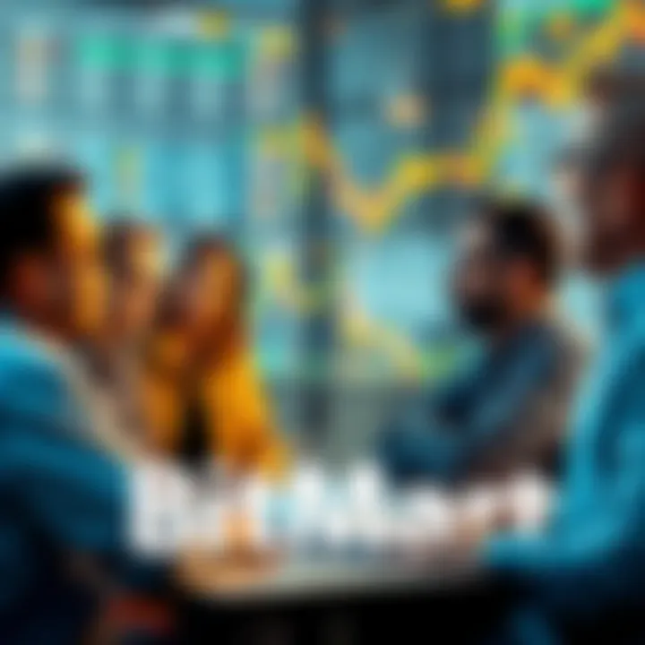 A group of people sharing experiences about their successes and lessons on BitMart, with charts and graphs showing trading performance in the background.