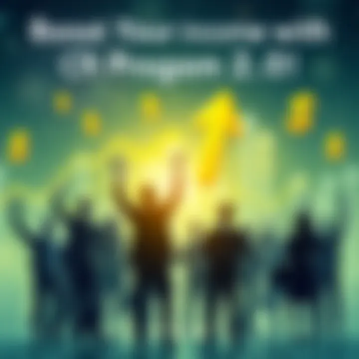 A graphic showing people celebrating success and earning money through the BitMart CP Program 2.0, with visuals of upward arrows and dollar signs.