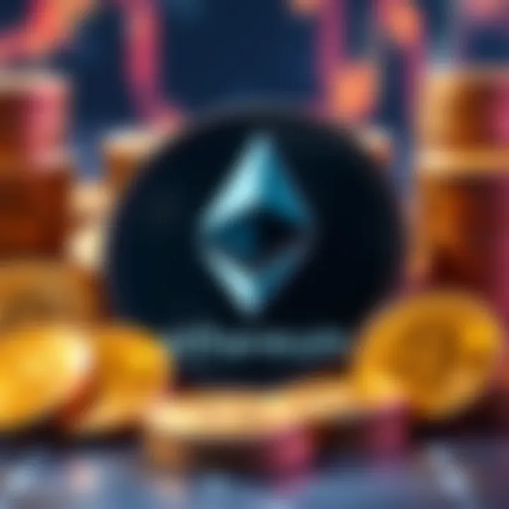 A visual representation of Blackrock's ETF staking impact on Ethereum, showing large coins overshadowing the Ethereum logo
