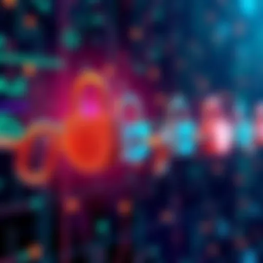 An abstract representation of blockchain transactions showing locked chains and digital currency symbols.