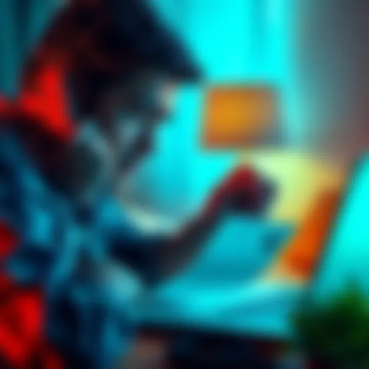A stressed individual looking at a bank statement with a landline phone and a laptop, showing frustration over blocked funds and unpaid bills.
