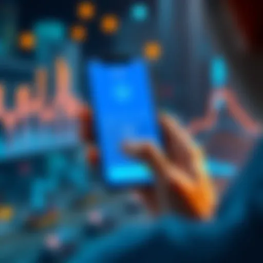 A person exploring the Blue Wallet app on a smartphone, with digital financial icons in the background representing decentralized finance.