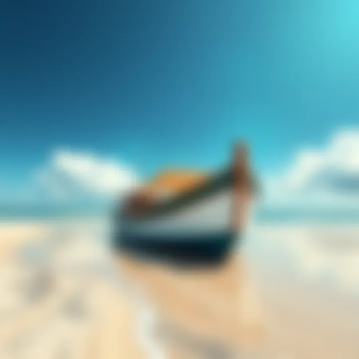 A boat floating near a sandy beach with a clear sky, symbolizing dreams of cryptocurrency wealth.