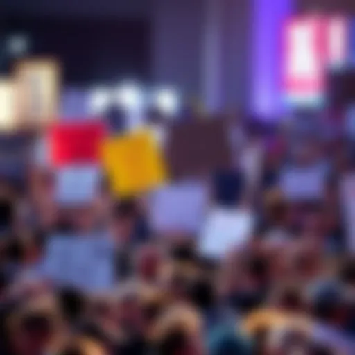 A crowd holding signs with bold phrases, passionately rallying for change, showing unity and determination.