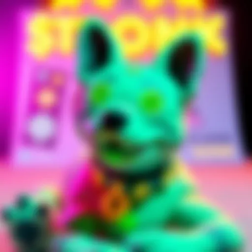 A graphic representation of the $BONK meme coin with a dog theme, highlighting its rise in popularity on the Solana blockchain, featuring bright colors and community symbols
