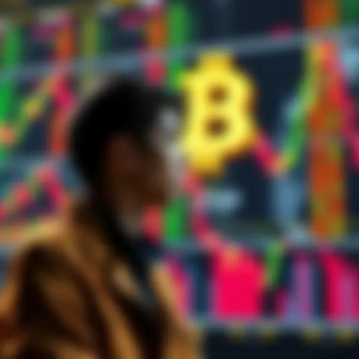Person considering borrowing against stocks to invest in Bitcoin, with stock charts and a Bitcoin symbol in the background.