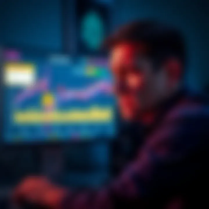 A person frustrated while looking at a computer screen displaying graphs of SOL and ETH tokens with warning symbols about staking failures.