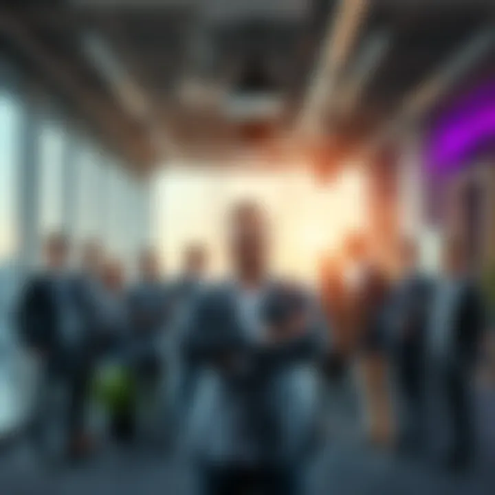 Brad Garlinghouse, CEO of XRP, standing confidently with his team in a modern office setting, symbolizing strong leadership in cryptocurrency.