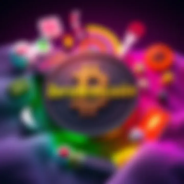 Brokecoin logo surrounded by fun meme symbols and icons representing e-commerce and NFTs