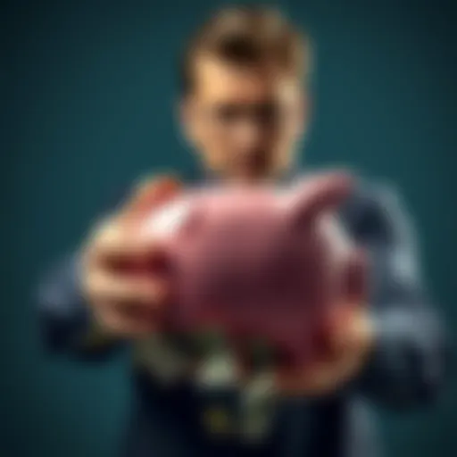 A concerned person looking at a broken piggy bank with money spilling out