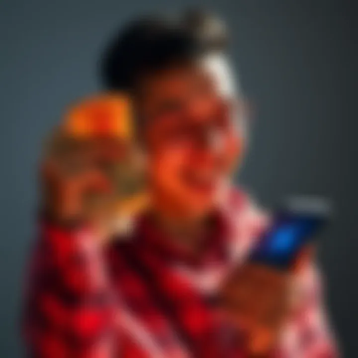 A person smiling while holding cash and a smartphone showing cryptocurrency balances after receiving a payout from BTC and BCH.