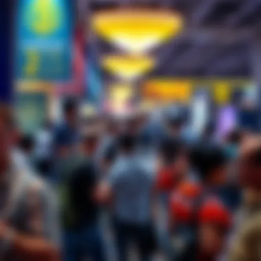 A group of crypto enthusiasts networking at the BTC Conference in Las Vegas, with banners and booths in the background.