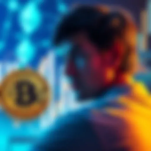 A person contemplating investment options in Bitcoin and Ethereum, with graphics of both cryptocurrencies in the foreground.