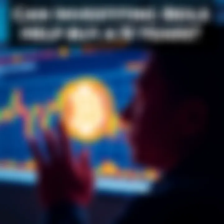 A person looking at a digital chart of Bitcoin prices with a house icon in the background, symbolizing investment for future home ownership