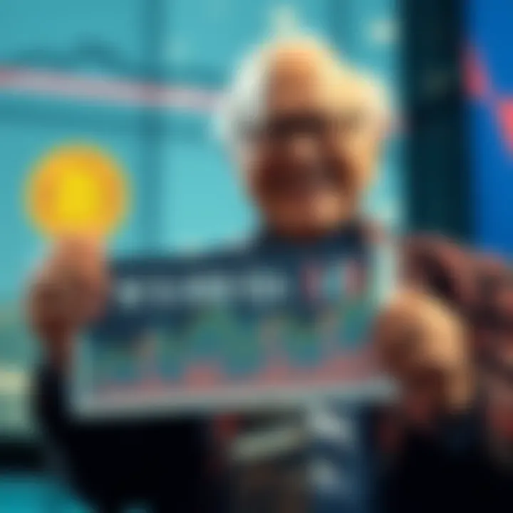 Warren Buffett smiling while holding a chart showing S&P 500 growth against a backdrop of Bitcoin's decline