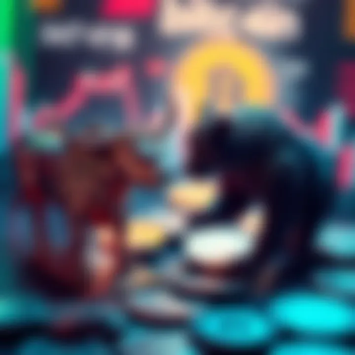 A graphic showing a bull symbolizing optimism and a bear representing pessimism, set against a backdrop of cryptocurrency coins, illustrating the mixed sentiments in the market.